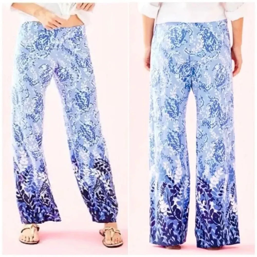 Lilly Pulitzer Light and Navy Blue Floral Wide Leg Pants
